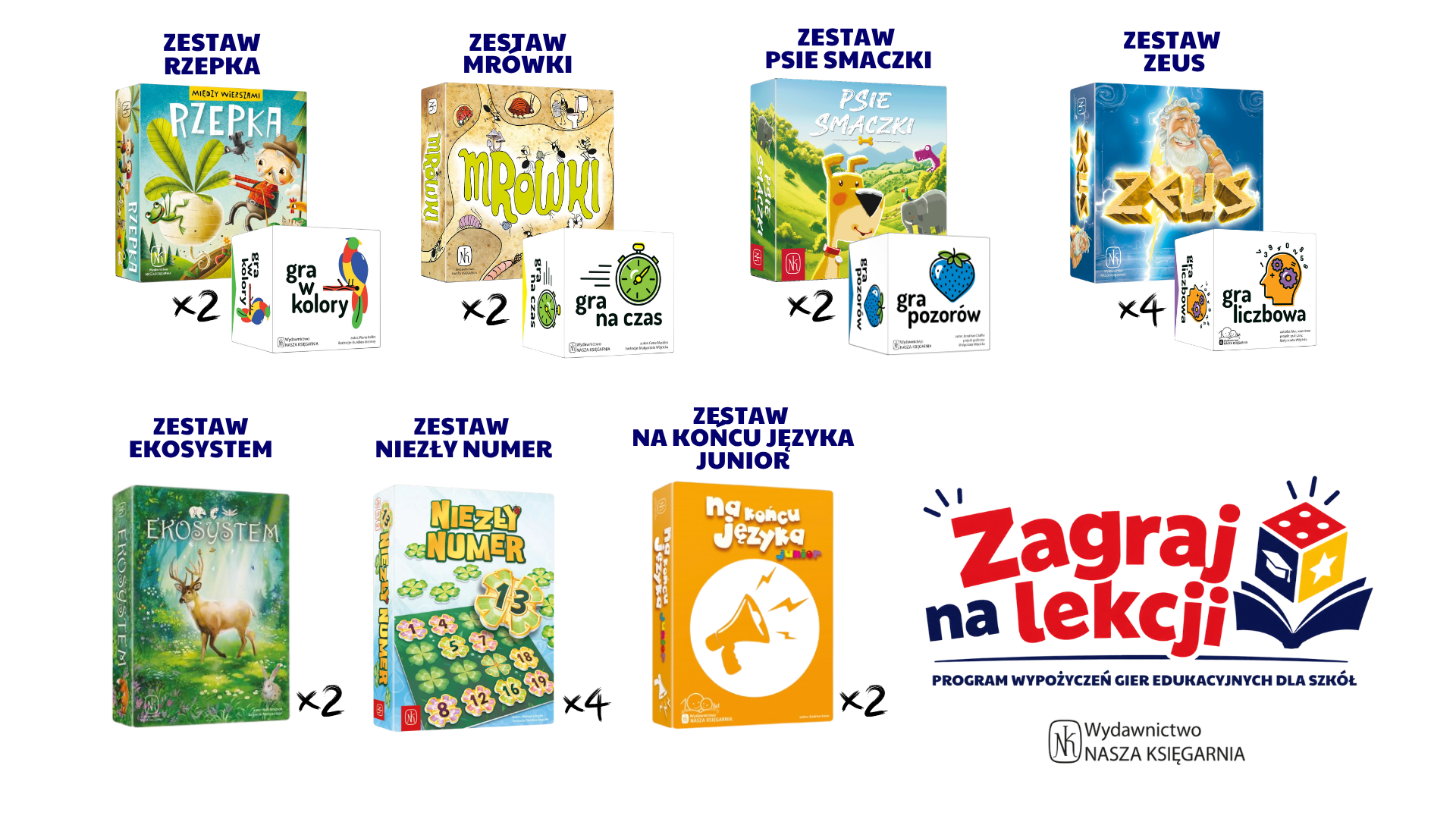 Zestawy gier edukacyjnych dostępne w programie Zagraj na lekcji